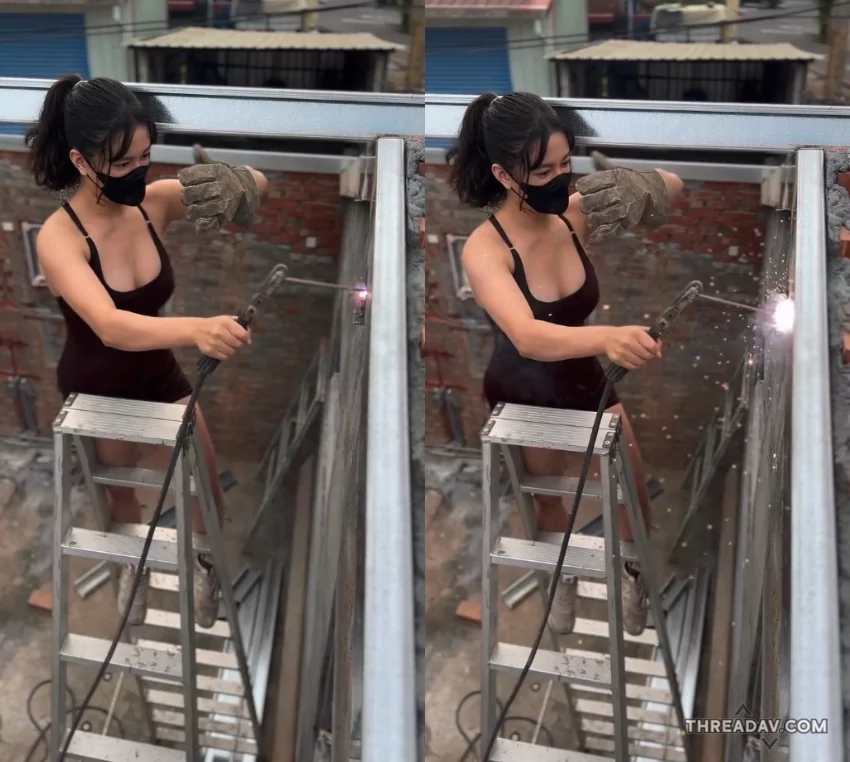 性感鐵工挑戰電銲不穿衣！屋頂鑽孔也難不倒！ - 網路美女