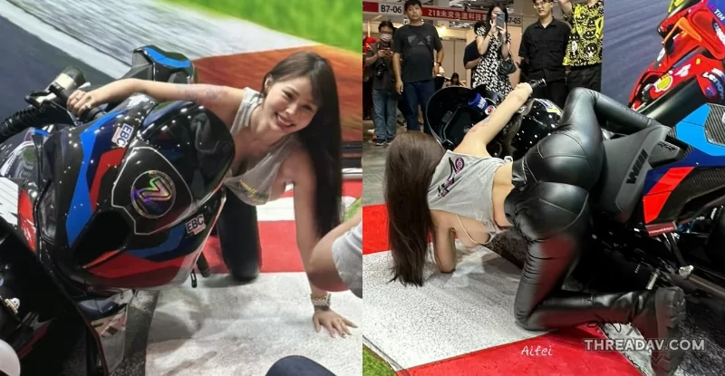 爆乳騎士「艾妃」萬有引力驚現！車展壓車時側乳全掉出，網友瘋傳不停！