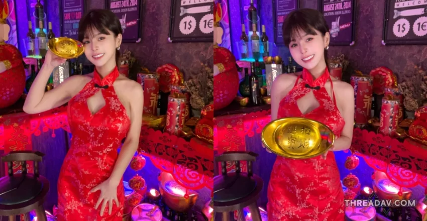 AI級美女《小花姐接》穿火辣旗袍送金元寶，祝粉絲龍年財源廣進！