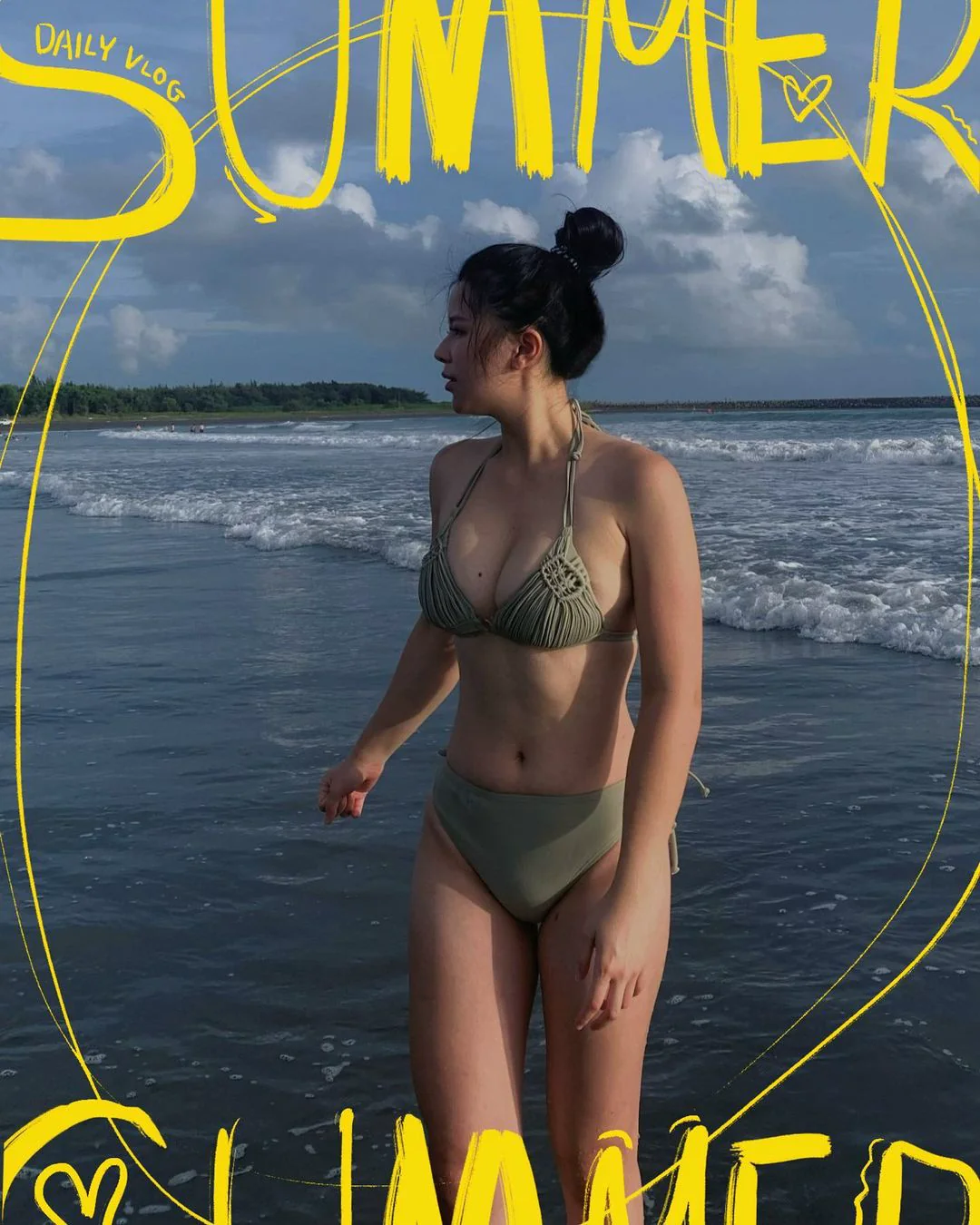 性感健美正妹漁光島踏浪，波濤猛乳撞臉女神引網熱議
