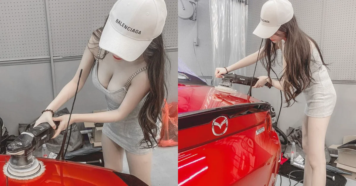 白皙長腿妹「彎腰爆乳」替汽車美容！「超火辣F奶」呼之欲出，網友大讚：想一起拋光 - 網路美女