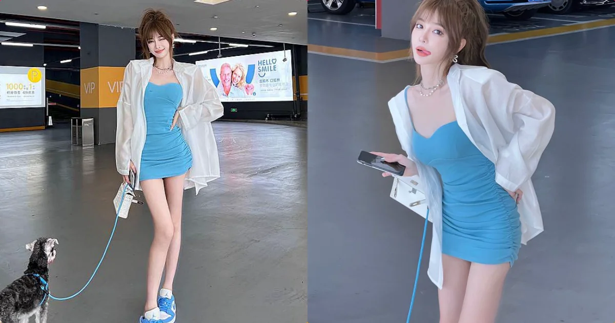 停車遇到「超細長腿辣妹」，藍色緊身裝「美腿好白嫩」！ - 網路美女