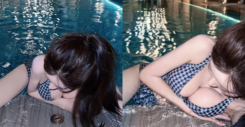 巨乳DJ「Vely」在泳池畔被巨乳卡住！渾圓白嫩雙球變成障礙 - 網路美女