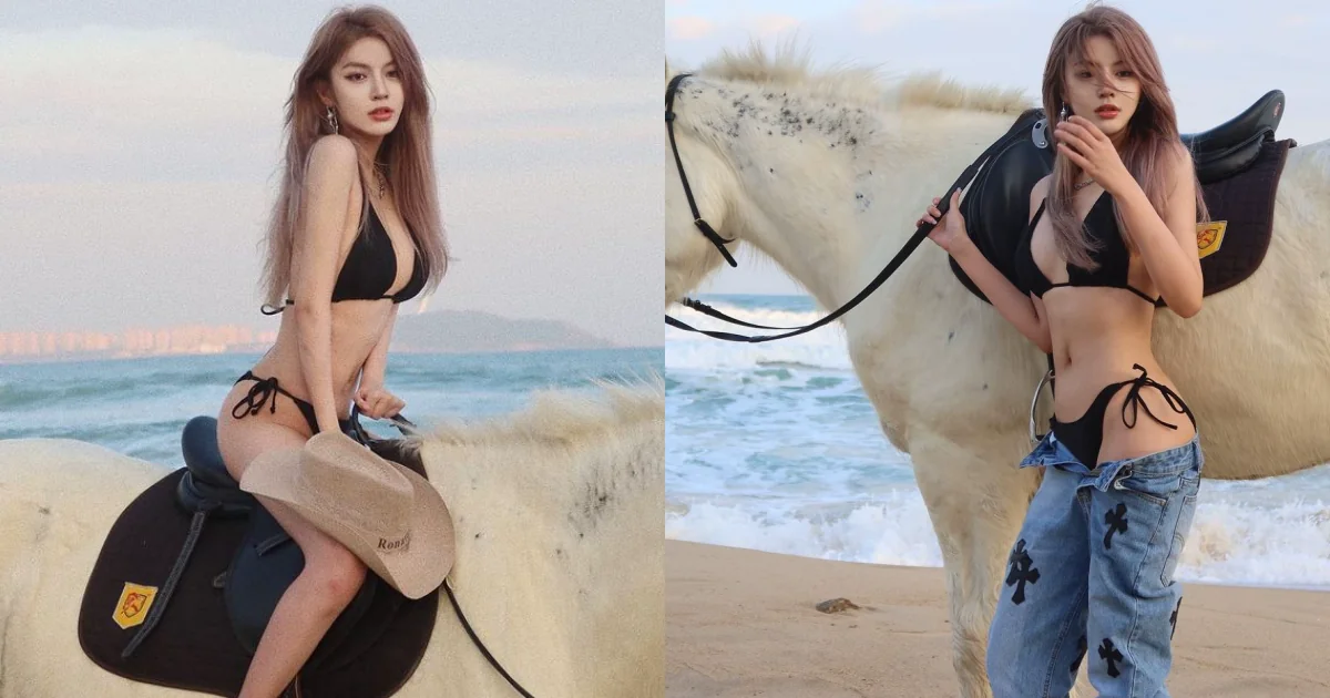 比基尼長髮正妹「海邊爆乳騎馬」！超大膽作風原來是四川成都辣妹子！ - 網路美女