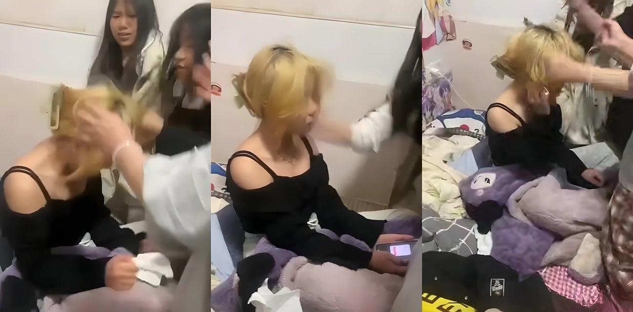 金发小太妹偷吃闺蜜男友被抓包！姐妹团上门狂扇耳光打到耳鸣血流