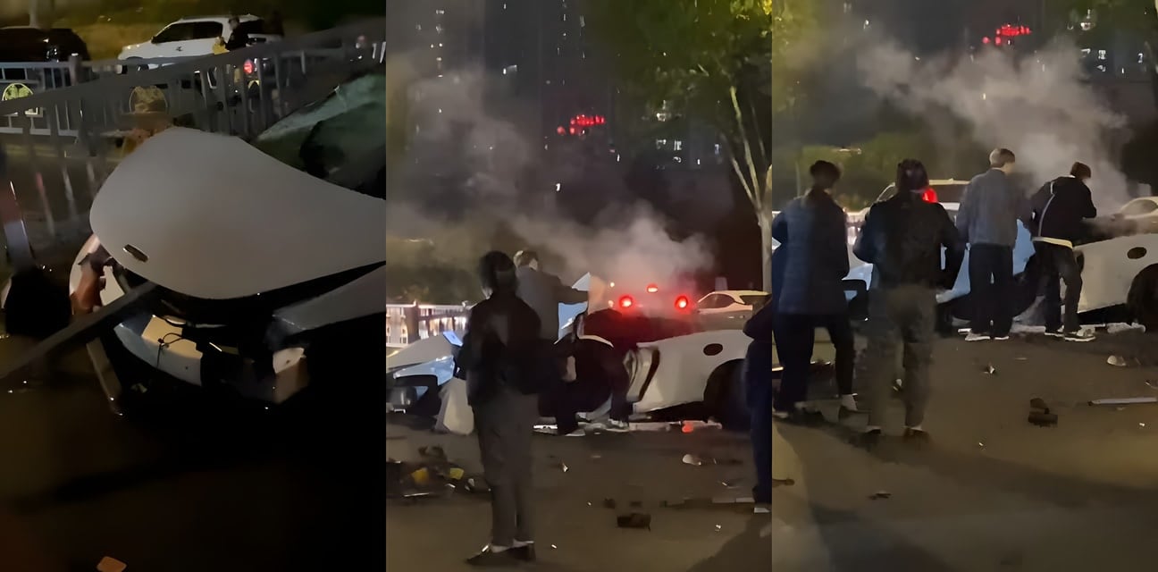 江西九江深夜迈凯伦飙车大惨案！租车猛男超速失控撞护栏，百万豪车瞬间变废铁火花四溅