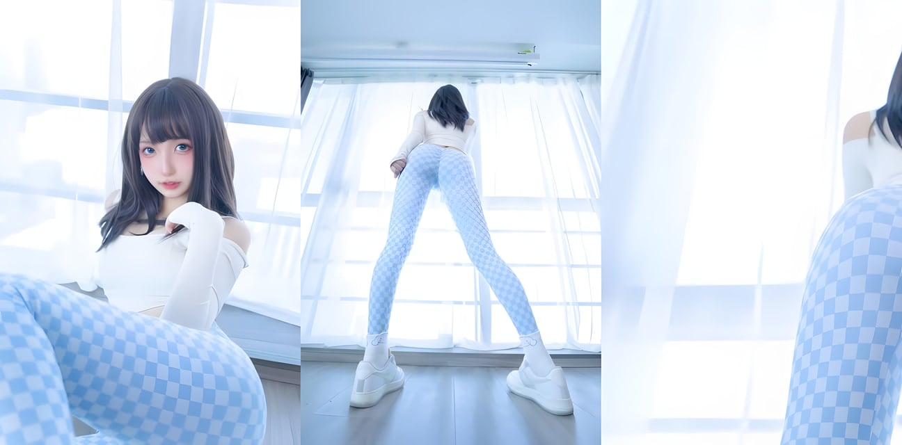 清纯少女窗前翘臀诱惑！蓝格紧身裤勒出极品蜜桃臀 侧颜撩人正脸骚浪
