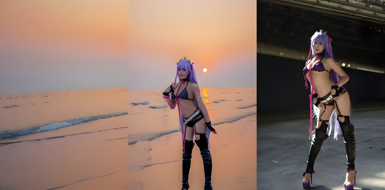 海滩日落Cos清纯少女极致诱惑！紫发嫩模黑丝比基尼勾魂