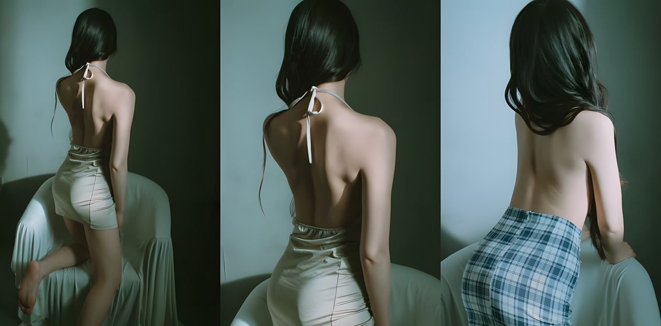 清纯少女丝缎吊带超短裙翘臀椅上撅屁股！裸背美腿勾魂诱惑劲爆私拍