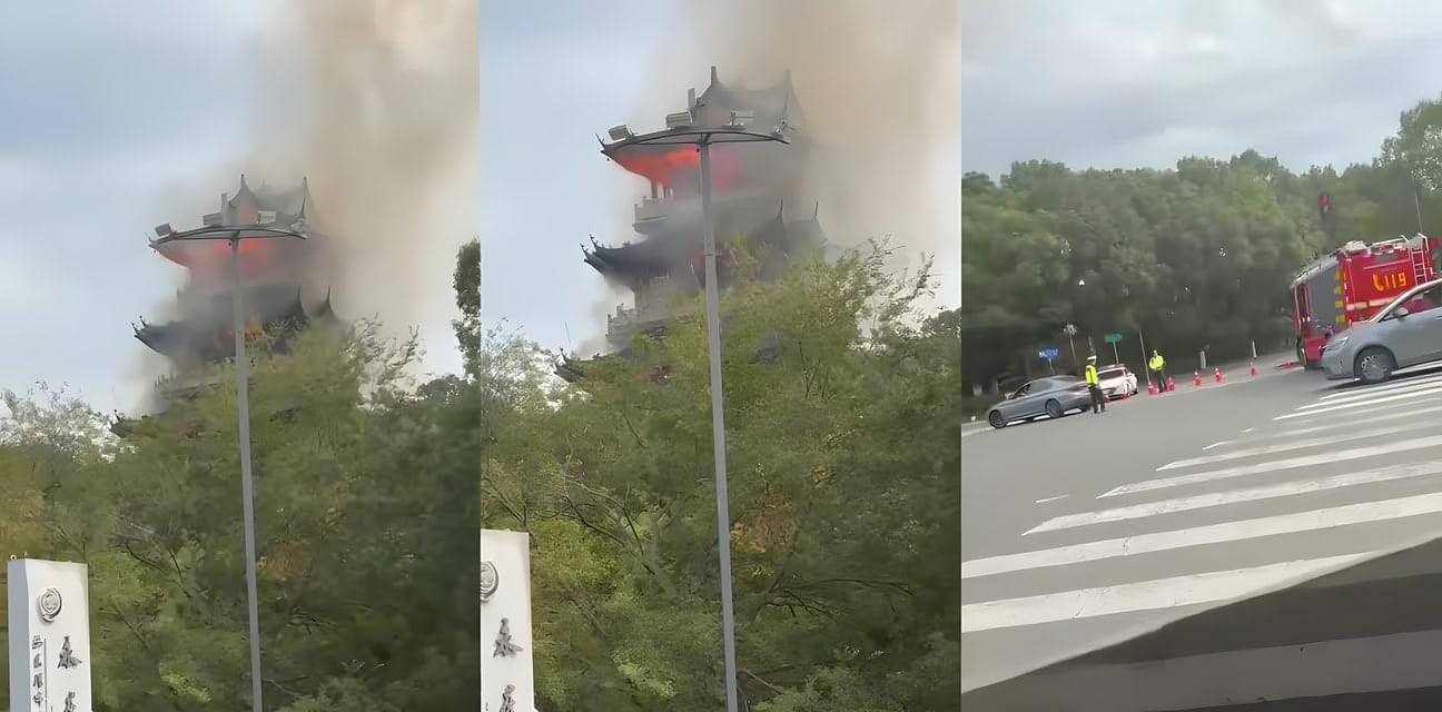 江苏张家港永庆寺大火惊魂！文昌阁仿古阁楼瞬间焚毁 游客尖叫逃窜黑烟冲天