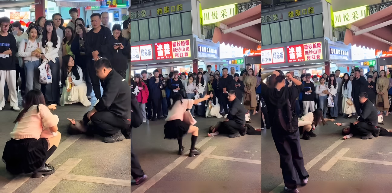 湖南大学夜市劲爆大战！两骚妹砸章鱼小丸子怒怼奶奶 推搡倒地撕逼全过程曝光
