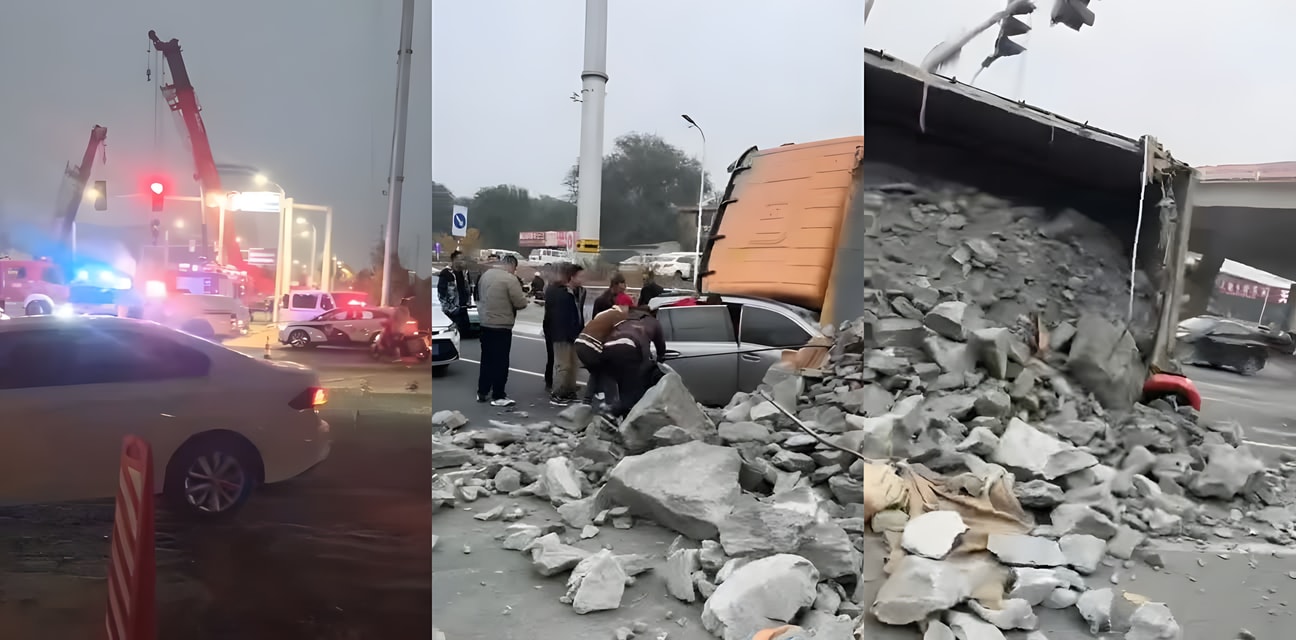 烟台渣土车路口侧翻死神来袭！宝马瞬间被土埋监控曝光