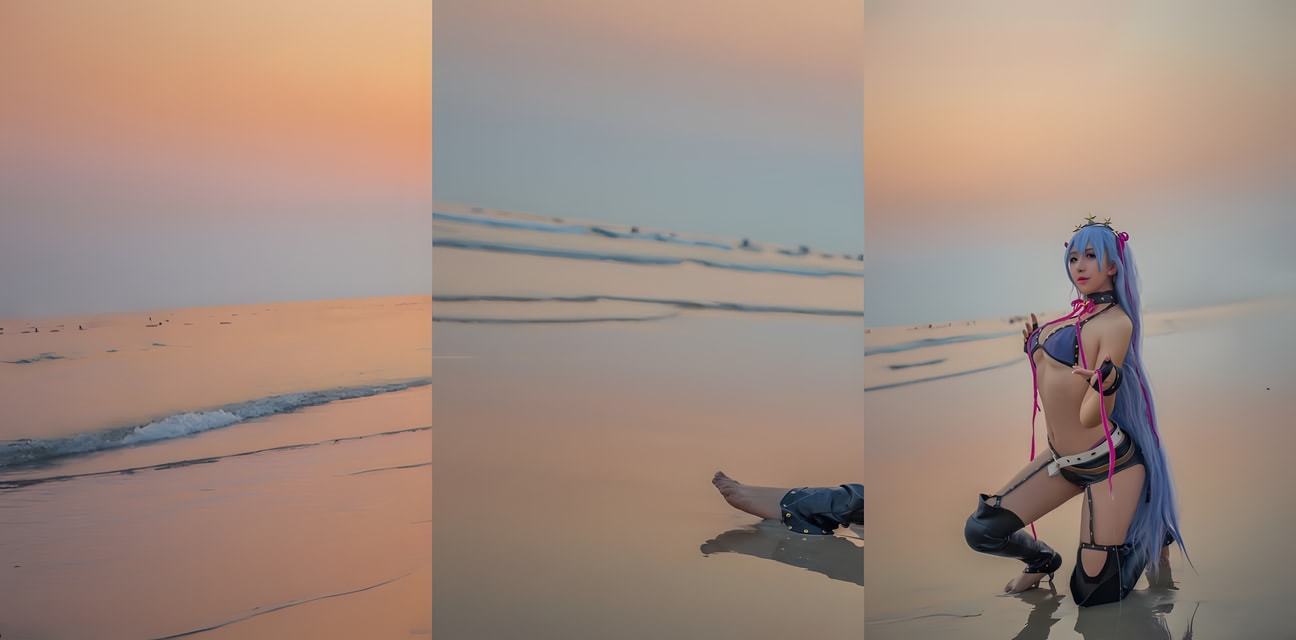 海滩日落嫩模cosplay极致诱惑！紫发御姐黑丝丁字裤湿身勾引