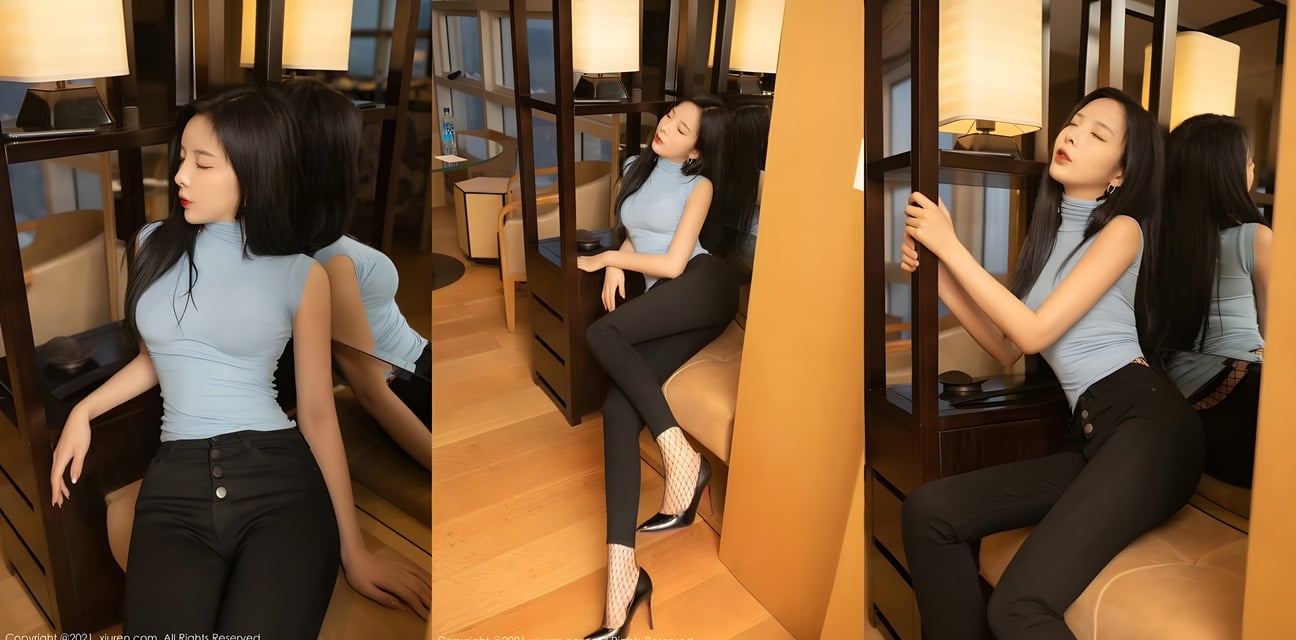 酒店嫩模尤娜超诱惑私拍！蓝上衣紧身裤勾勒翘臀美腿黑丝高跟撩人欲火
