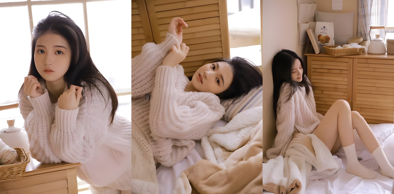 清纯少女窗边床上诱惑私拍！粉毛衣露大长腿黑丝袜，甜美小妹眼神勾魂欲火焚身