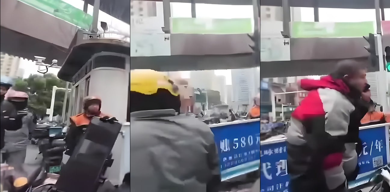 美团外卖小哥VS顺丰光头猛男街头巅峰对决！剐蹭摩托瞬间暴怒互殴围观群众麻木围观