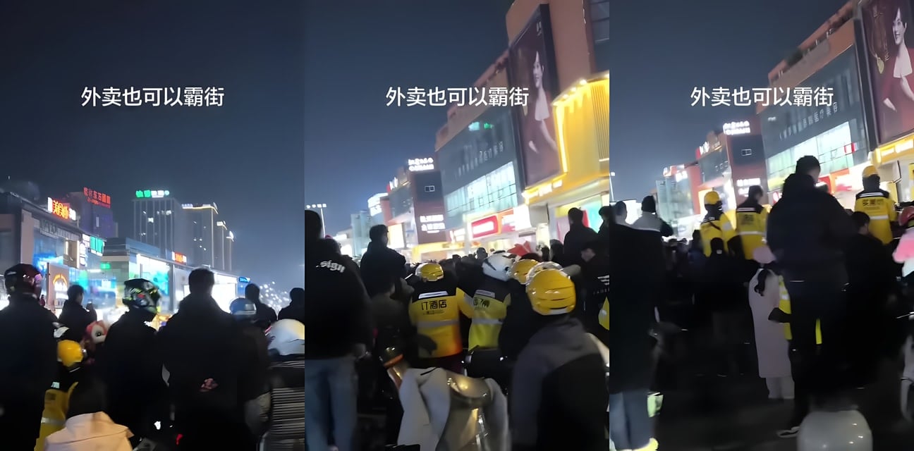 商场外百名外卖骑手怒聚集！路封车堵高喊抗议