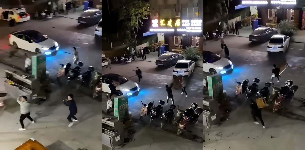 广东渔夫烧烤店黑衣砍刀火拼！刀飞人逃血染街头楼上吃瓜狂笑