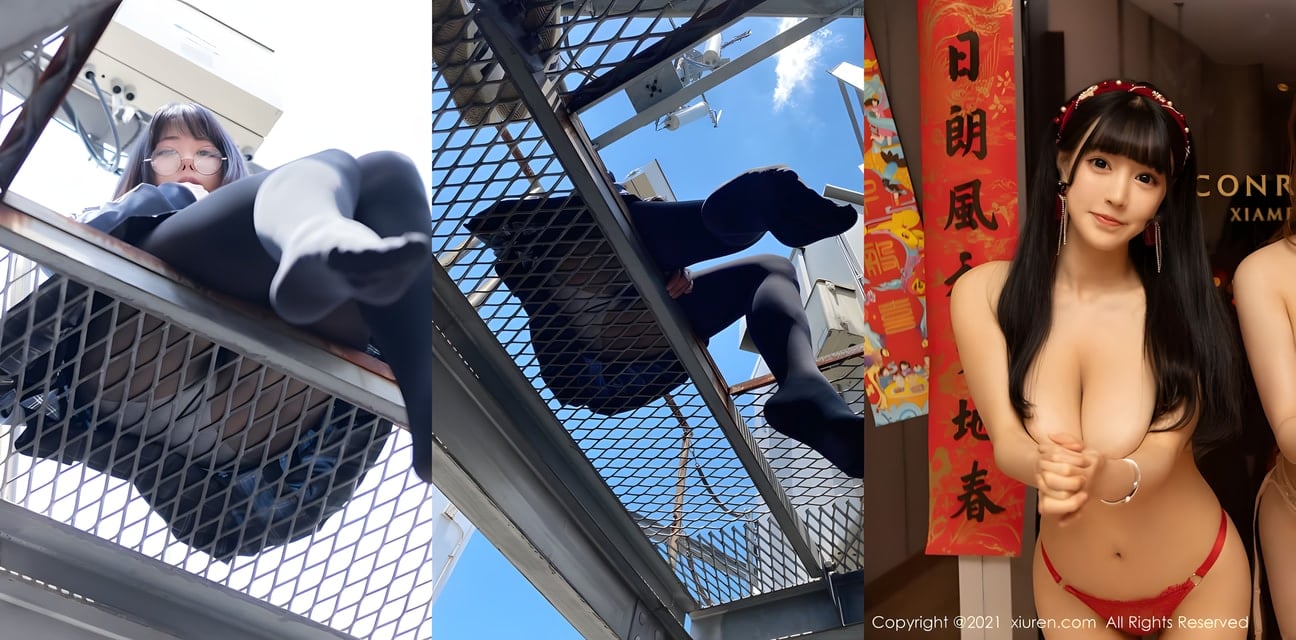 清纯少女高空栏杆超大胆走光！黑丝短裙翘臀全露内裤若隐若现