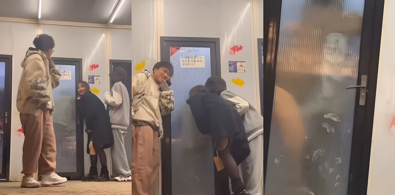 淄博烤肉店厕所偷情大瓜！渔网黑丝嫩模被按墙猛干啪啪震门 三人趴缝偷窥全程录像
