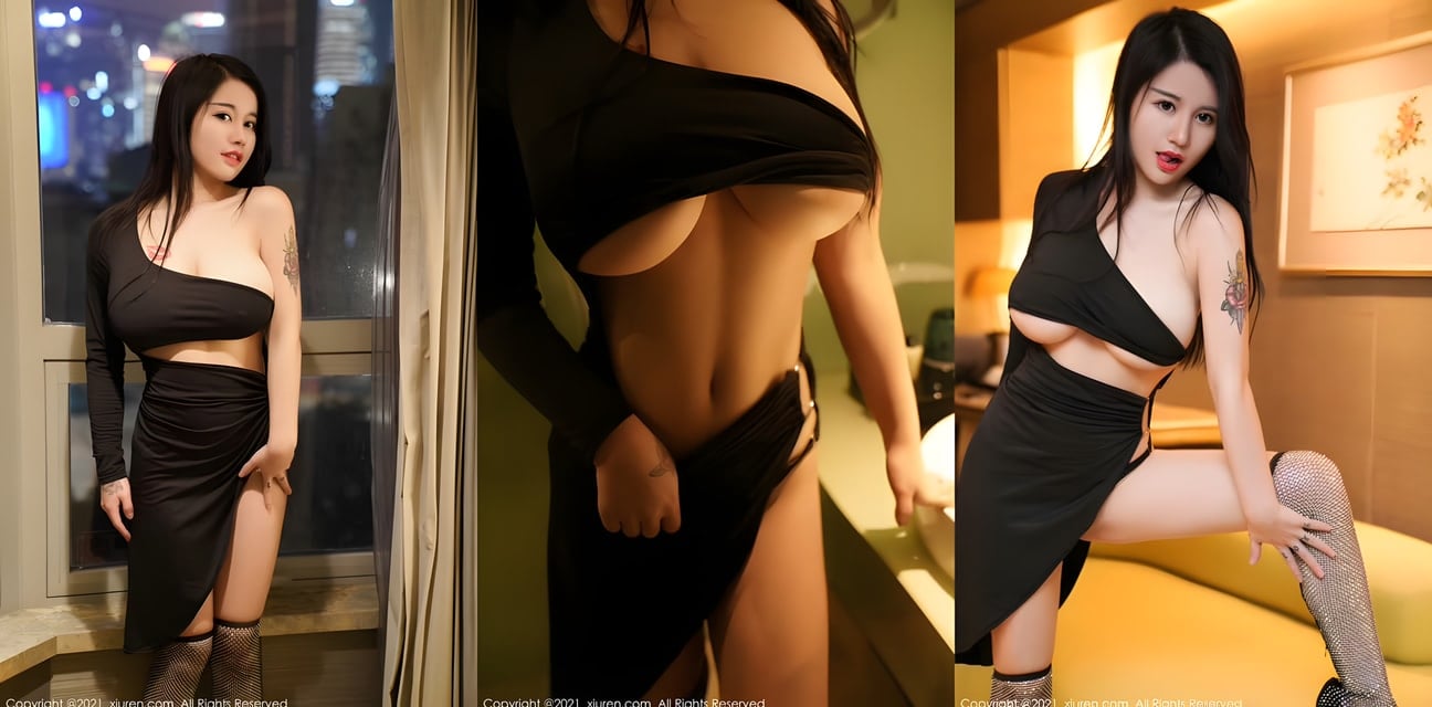 纹身甜美小妹酒店开房劲爆私拍！露乳黑丝高衩裙撩人欲火焚身