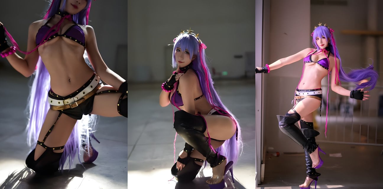紫发甜美小妹Cosplay女王！项圈皮鞭黑丝高跟跪姿诱惑全网疯传