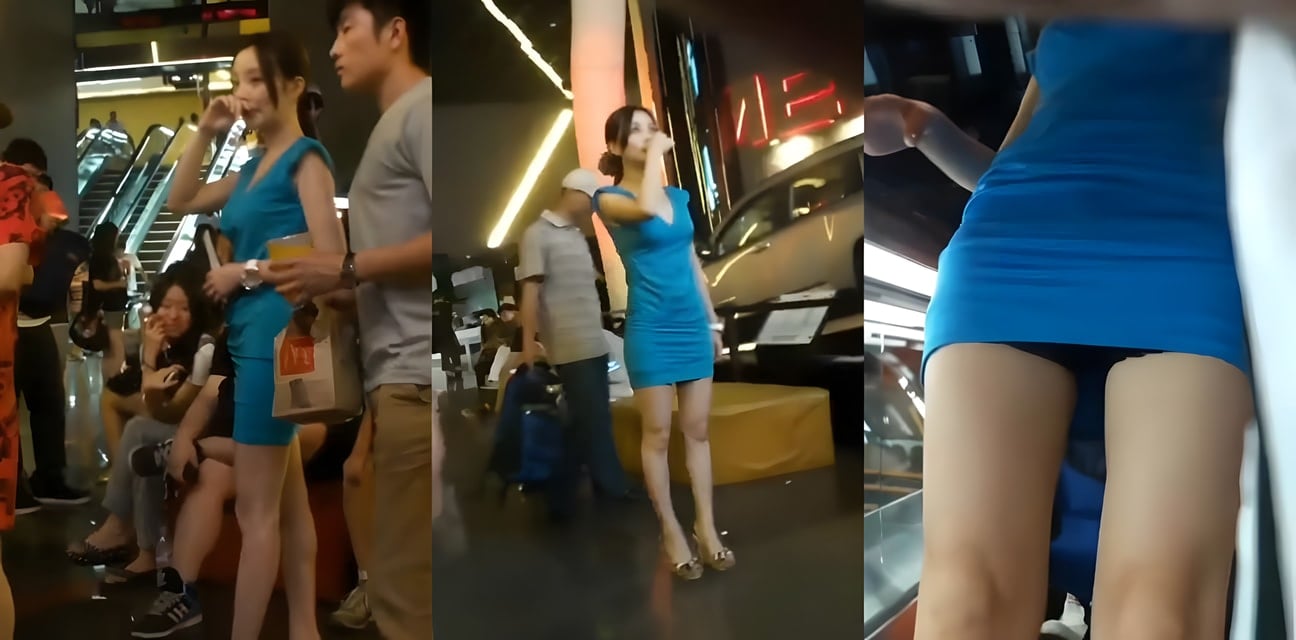 狠人大神抄底偷拍李小璐裙底风光！深蓝包臀裙爆翘臀蕾丝内裤若隐若现