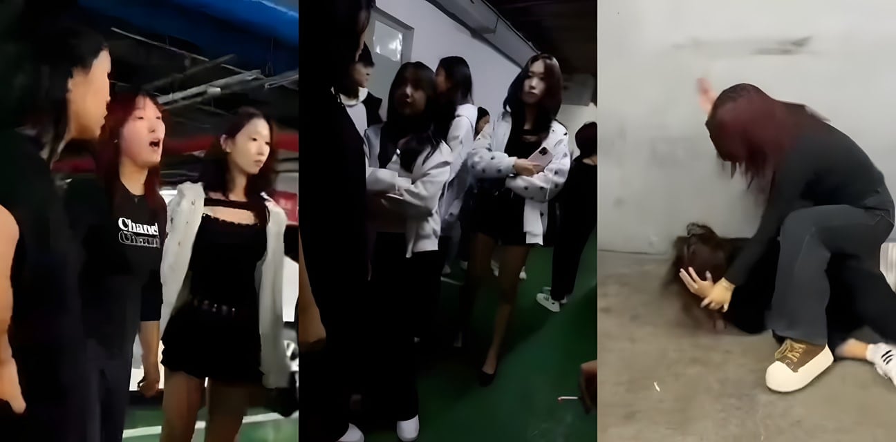 沈阳地下车库极品学生妹约架互殴！红毛扇黑发嫩模脆耳光 薅头发膝顶私处狂虐全场沸腾