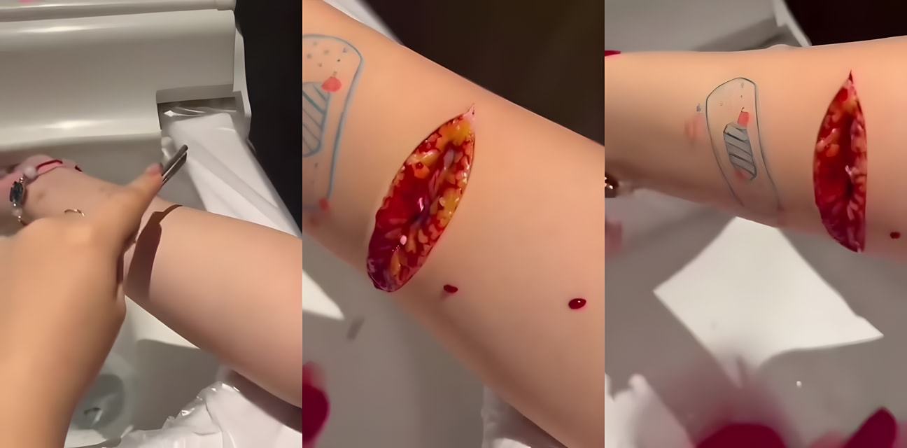马桶女孩卫生间自残大尺度！刀刃直捅脂肪层扒拉内里 鲜血狂喷重口画面吓傻网友