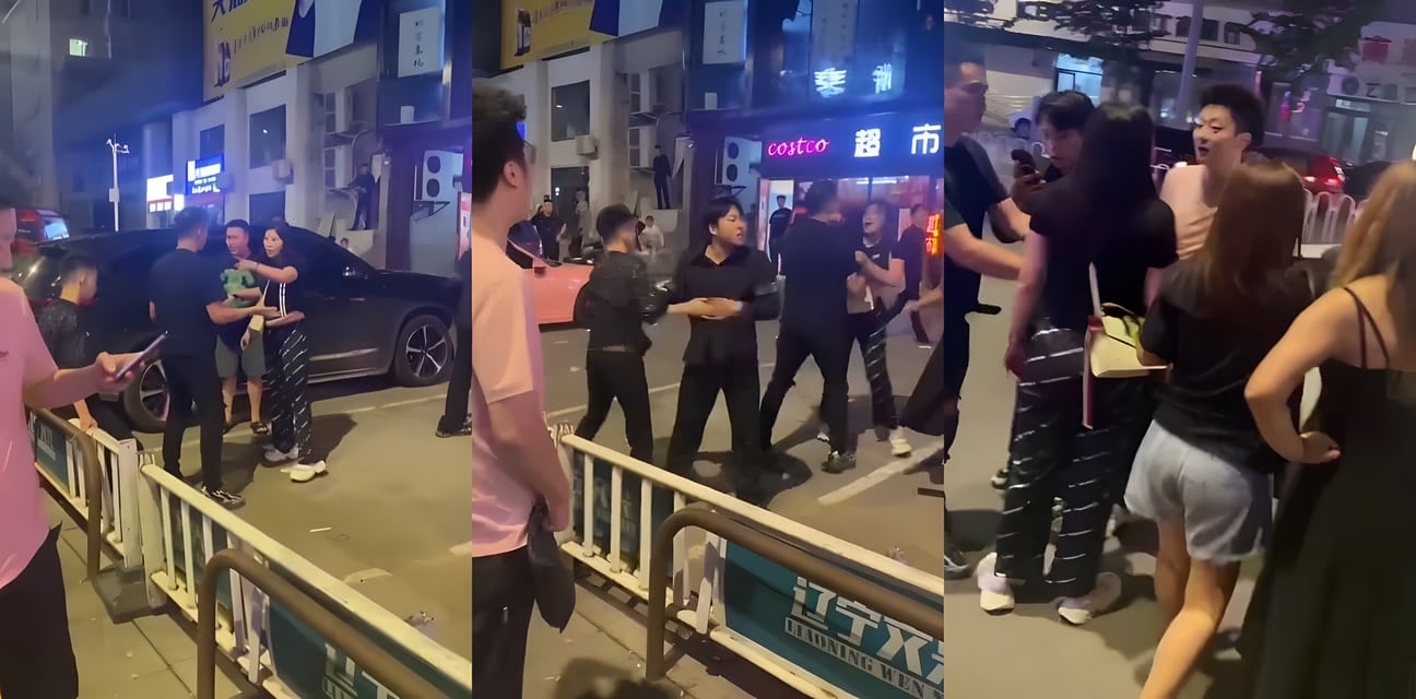 深夜街头三嫩模围殴猛男！粉T男假劝架实偷拍打脸高潮瞬间