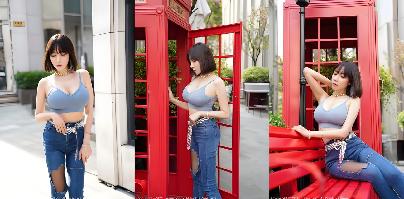 甜美小妹街头爆乳诱惑！蓝吊带紧裹巨乳破洞热裤勾人魂魄