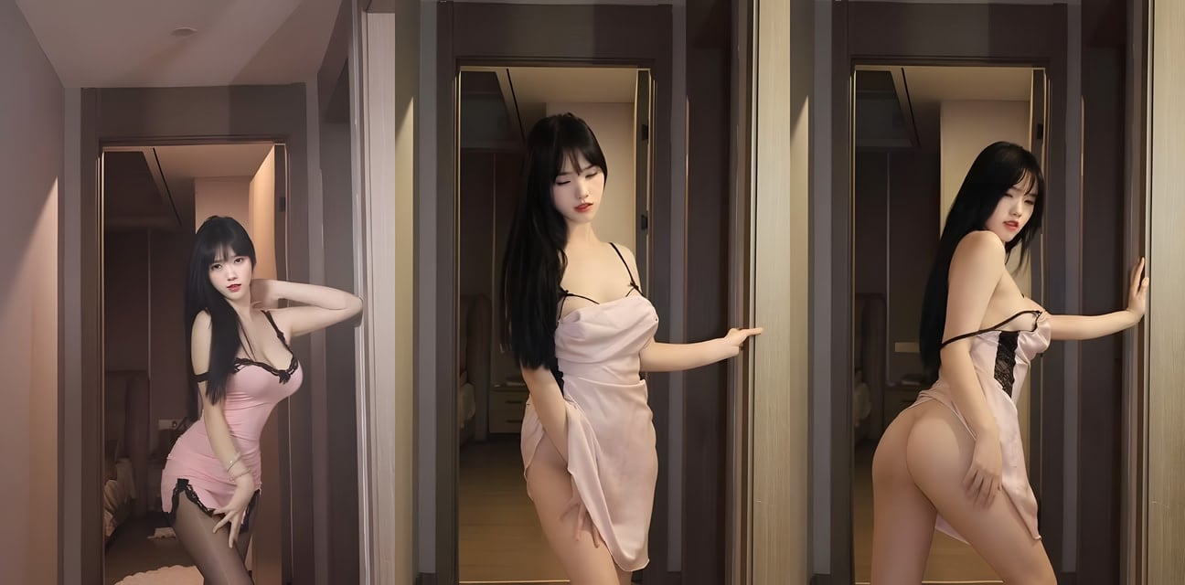抖音甜美嫩模琳铛铛粉色吊带黑丝撩人诱惑！倚门自信撩发等野男人上门狂干