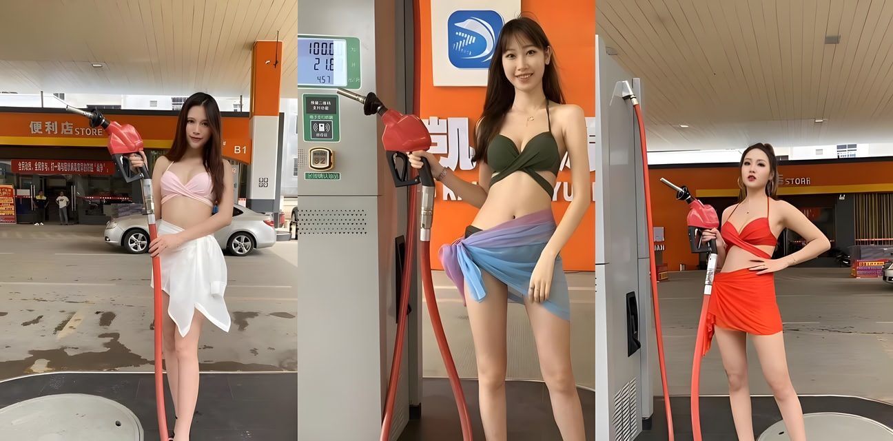 江门美孚1号加油站比基尼骚浪营销！嫩模翘臀细腰帮你加油 排队一小时直呼太值