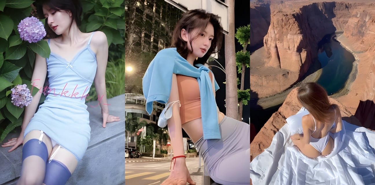清纯少女户外绝美写真！蓝裙黑丝露沟露腿峡谷野战诱惑