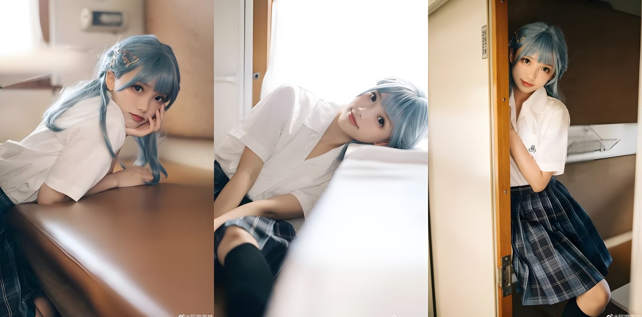 蓝发清纯少女校服私拍爆火！撩人侧颜勾魂无数宅男直呼心痒难耐
