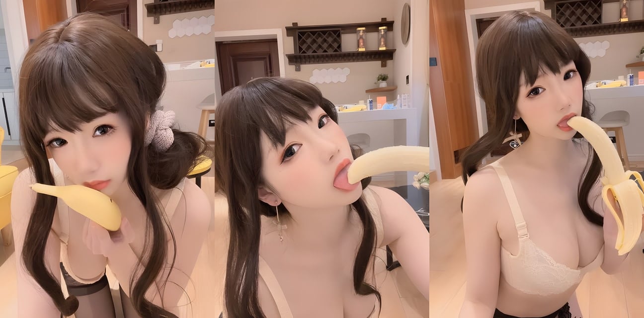 甜美小妹香蕉口技太撩人！厨房低胸黑丝舔棒挑逗 眼神勾魂欲火焚身