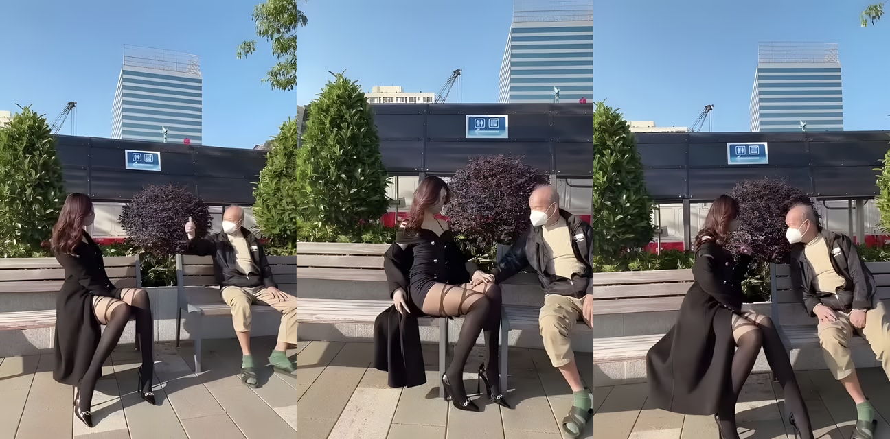 街头黑丝嫩模搭讪路人大叔！公园长椅上撩骚火热 丝袜美腿摩擦挑逗 随时开战