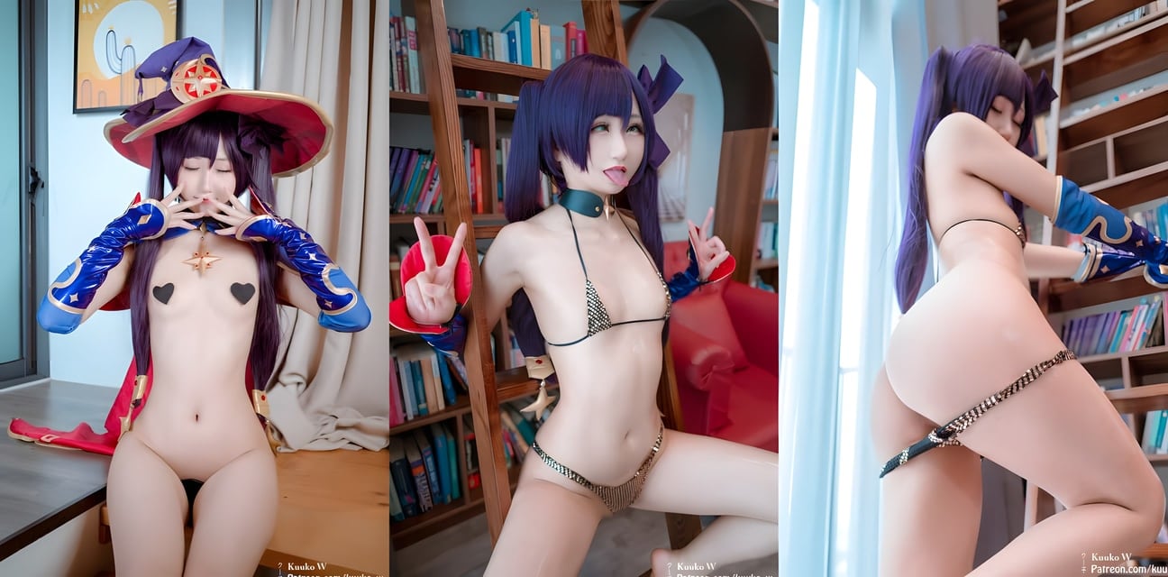 原神魔性魔女Cos嫩模家訪福利！紫发巨乳全裸戴项圈翘臀诱惑书架前