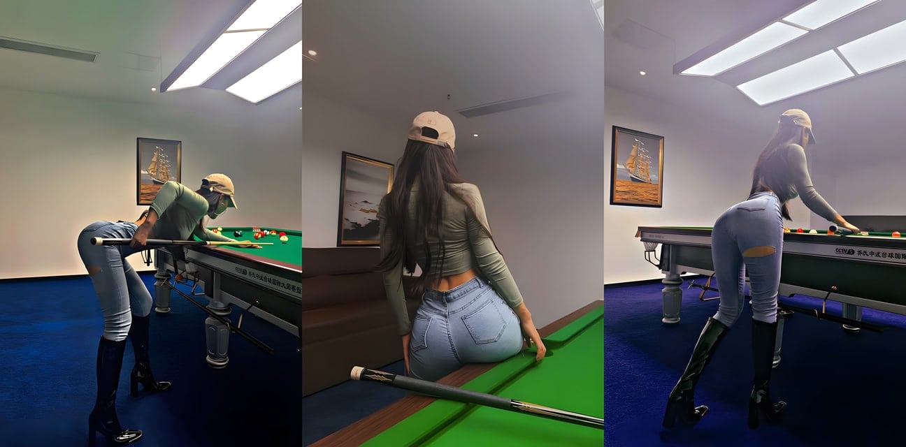清纯少女紧身牛仔热裤打台球翘臀撅爆！长靴黑丝勾魂后入福利