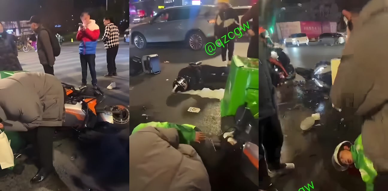 外卖小哥超速互撞劲爆事故！近景小哥疑似重伤不治 年关讨饭争秒酿惨剧