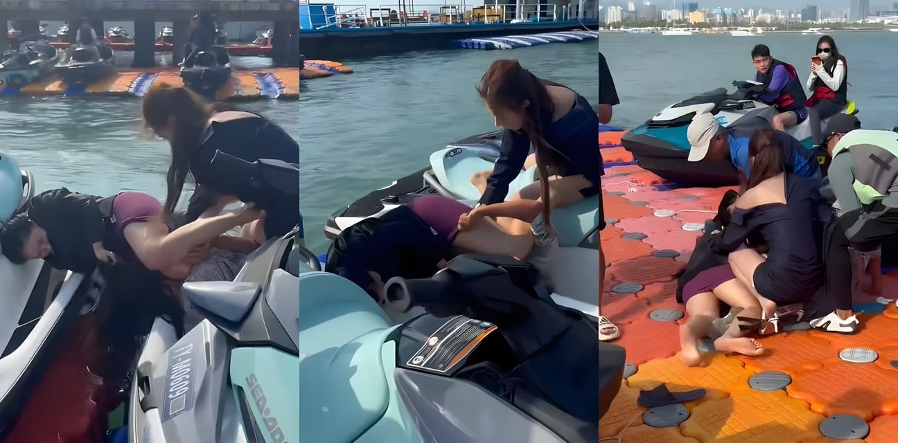 三亚钟情会所海边三骚女大乱斗！紫裙黑衣妹飞扑露大屁股真空内裤？胖揍白衣嫩妹到摩托艇上超劲爆