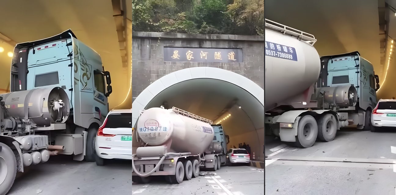 陕西秦岭隧道口货车失控大撞车！黑色SUV轮子飞脱白色轿车头烂成渣 现场惨烈围观吃瓜