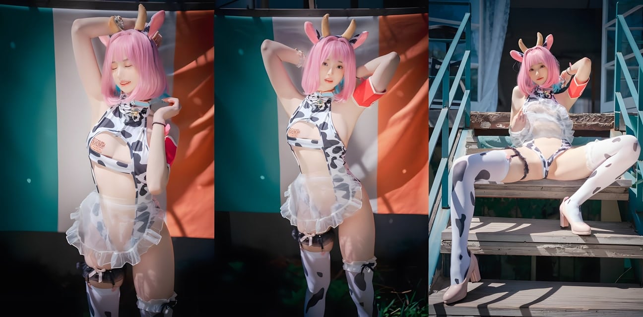 粉毛嫩模牛娘cosplay诱爆！奶牛装露点黑丝大腿开岔勾引猛干